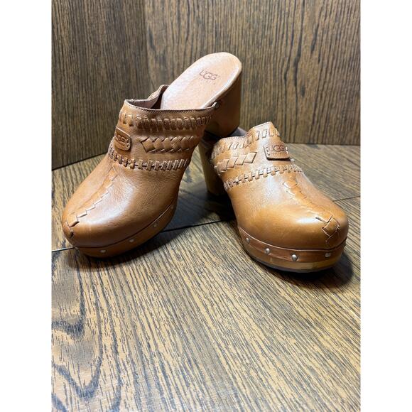 UGG Shoes - UGG Brown Leather Vivica Clog/Mule Braided Detail Wood Platform Size 7